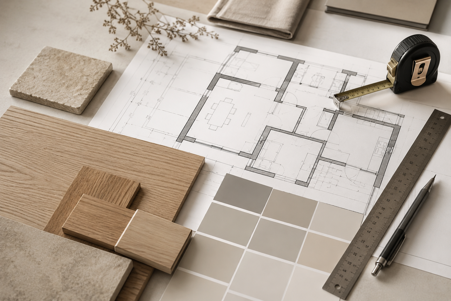 Tlocrt, uzorci materijala i alati za planiranje adaptacije